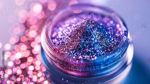 A jar of glitter pigments for adding sparkle to eye makeup looks