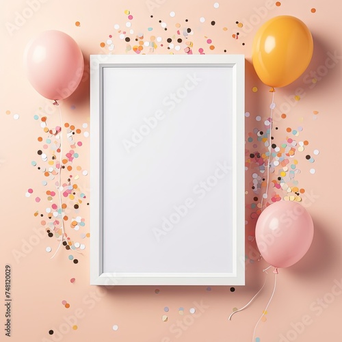 Birthday mockup with frame, pastel balloons and confetti on pink table top view. Flat lay composition.
