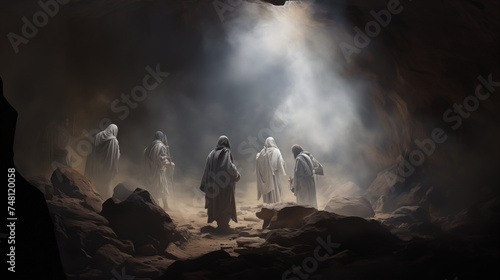 Easter morning, a group of curious explorers ventures into a secluded cave, drawn by rumors of a bloodstained white shroud hidden within. timeless story of Jesus' triumph over death. photo