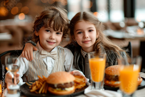 Young Love Romance  A charming scene unfolds as kids in formal wear share a romantic meal with orange juice and fast food at a restaurant  capturing the innocence and joy of their first love.  