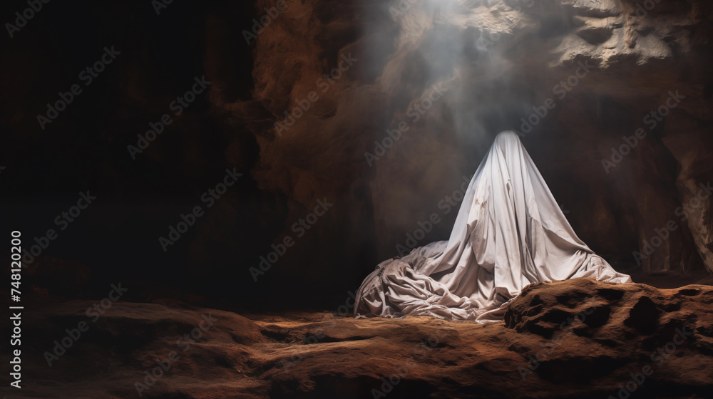 rests a bloodstained white shroud. As Easter dawns, the cave becomes a focal point of intrigue and wonder. What role does this shroud play in the miraculous events of Jesus' resurrection - obrazy, fototapety, plakaty 