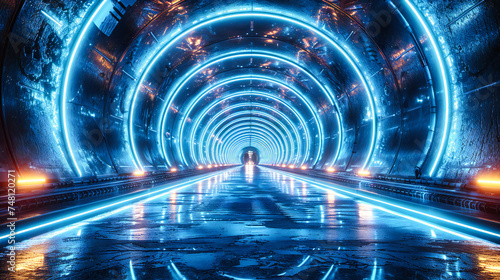 Futuristic Tunnel with Glowing Neon Lights, Abstract Space Corridor Background