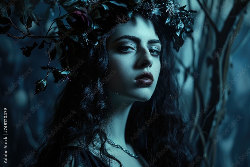 Persephone's Enigmatic Gaze: A Dramatic Portrait of the Greek Goddess Crowned with a Wreath of Dark Flowers, Echoing the Mysteries of the Underworld. Persephone's Enigmatic Gaze: A Dramatic Portrait of the Greek Goddess Crowned with a Wreath of Dark Flowers, Echoing the Mysteries of the Underworld.