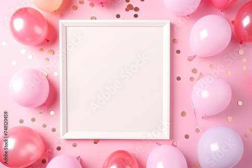 Birthday mockup with frame, pastel balloons and confetti on pink table top view. Flat lay composition. 