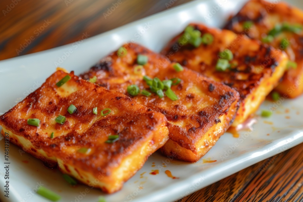 A white dish holds five Tofu Jeon Pancake pieces in close up South Korea