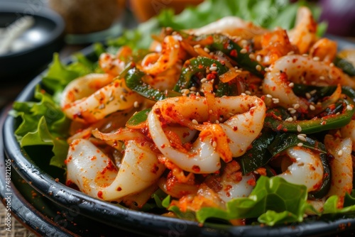 A South Korean close up of stir fried squid with spices peppers and lettuce served with a jar