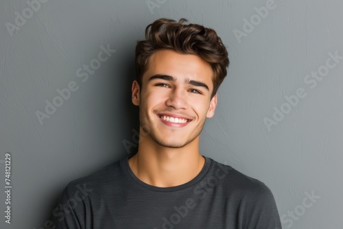 A stylish young man with a handsome smile posing in a studio