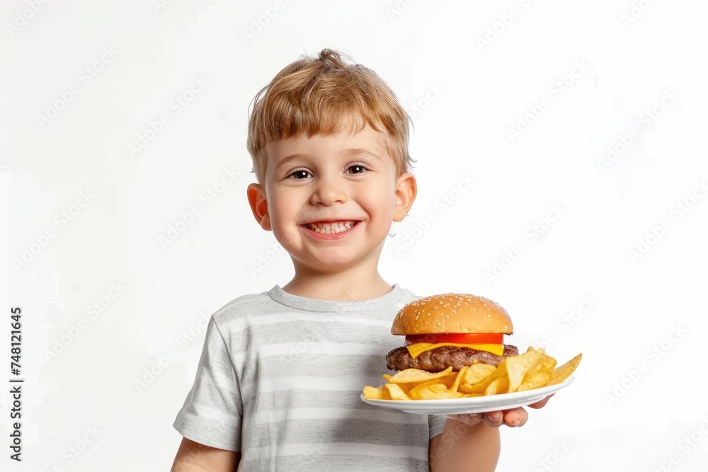 Snack Time: A Cheerful Toddler Holds a Plate of Burgers and Chips, Brimming with Excitement and Happiness Against a White Studio Background. Copy Space. Snack Time: A Cheerful Toddler Holds a Plate of Burgers and Chips, Brimming with Excitement and Happiness Against a White Studio Background. Copy Space.