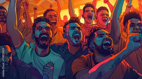 Vibrant group of friends watching a game. dynamic, excited fans cheering in unison. colorful illustration of team spirit and enthusiasm. perfect for sports content. AI