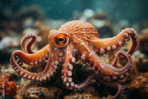 Close up of a Octopus swimming in the clear Ocean. Natural Background with beautiful Lighting