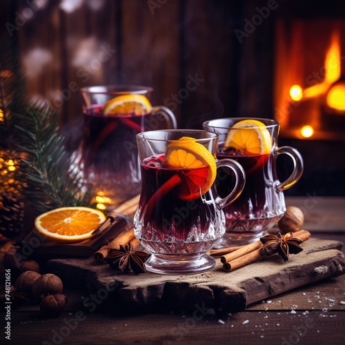 Cup with non-alcoholic mulled wine and a slice of orange, space for text or product, Christmas background, Christmas Eve 