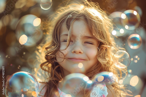 Happy little girl and soap bubble in heart shaped