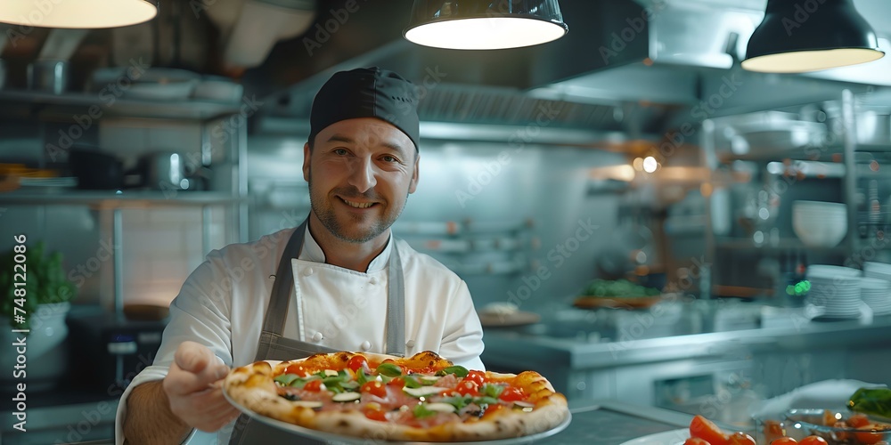 Professional chef proudly presents fresh pizza in a modern restaurant kitchen. culinary art captured in a vibrant photo. ideal for culinary themes. AI