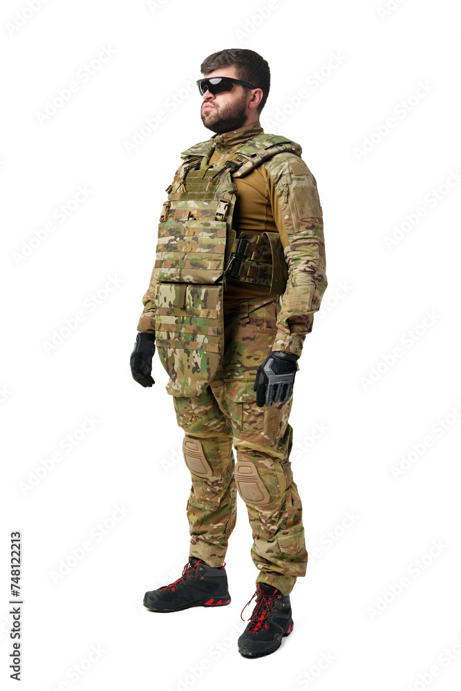 Male soldier in military ammunition isolated on white background Male soldier in military ammunition isolated on white background