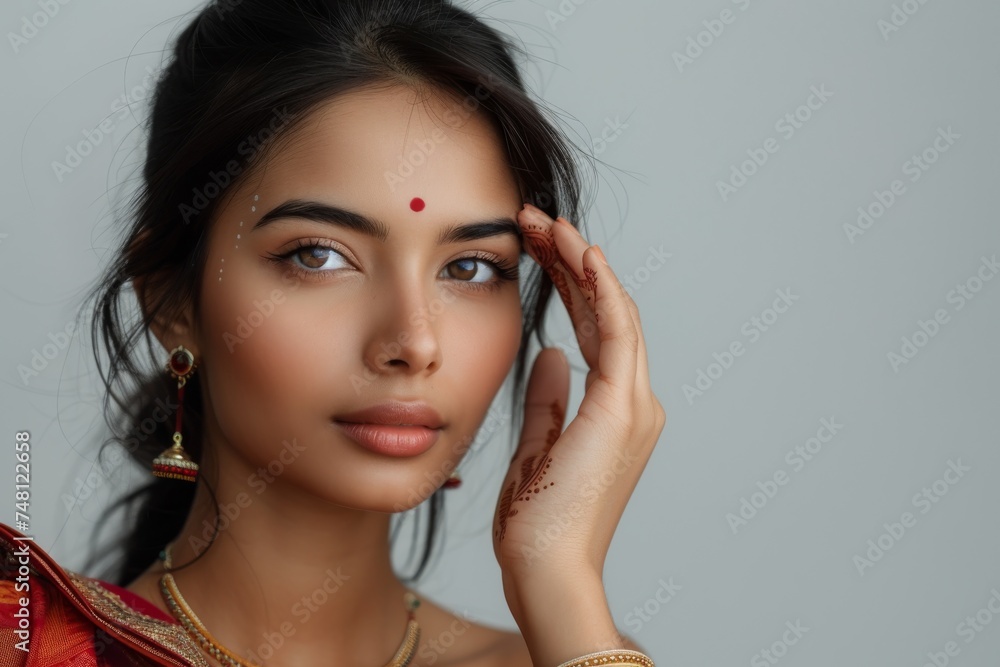 Attractive Indian girl portraying beauty and health through flawless skin and makeup Studio portrait with copy space and a hand gesture Attractive Indian girl portraying beauty and health through flawless skin and makeup Studio portrait with copy space and a hand gesture
