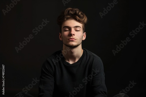 Attractive male model relaxes meditates dreams isolated