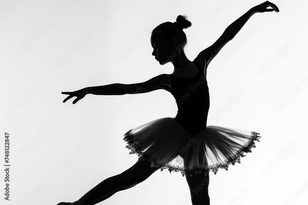 Ballet dancer in pointe shoes and tutu isolated on white Little ballerina in quatrieme devant pose taking Classic dance lessons