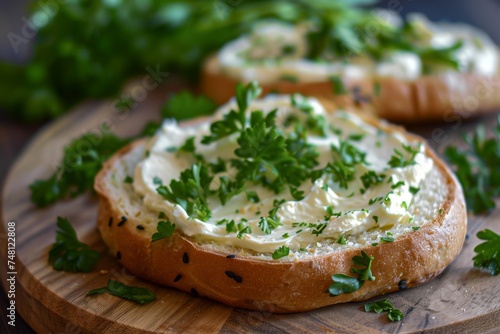 Bagel with cream cheese and Italian parsley