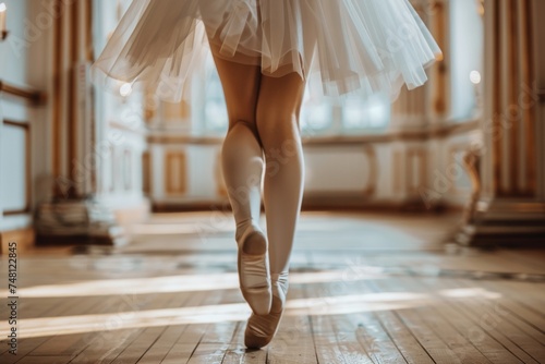 Ballerina s legs in pointes close up view in the dance hall photo