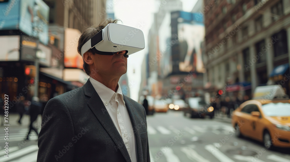 Senior businessman wearing a virtual reality headset walking on city street surrounded by financial buildings and cars. Senior businessman wearing a virtual reality headset walking on city street surrounded by financial buildings and cars.
