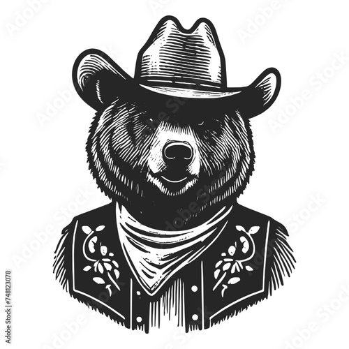 Bear cowboy sketch engraving generative ai vector illustration. Scratch board imitation. Black and white image.