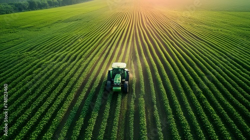 A green tractor is driving through a field of soybeans. top view