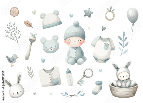 Set of cute watercolor baby shower cards clipart for invitation card, poster.