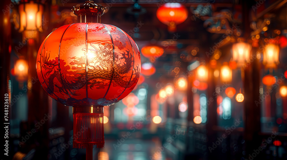 Enchanting Red Lantern Illuminating a Misty Traditional Asian Street created with Generative AI technology.