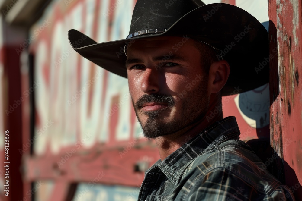 Black cowboy hat wearing cowboy on sign Black cowboy hat wearing cowboy on sign