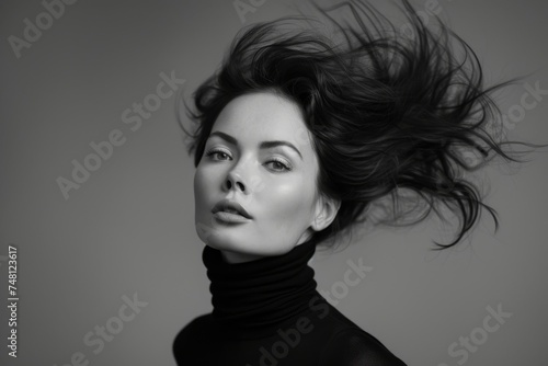Black and white fashion portrait of elegant woman in turtleneck with high beam ballet style hair