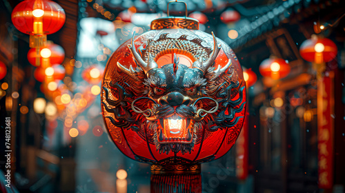 Enchanting Red Lantern Illuminating a Misty Traditional Asian Street created with Generative AI technology.