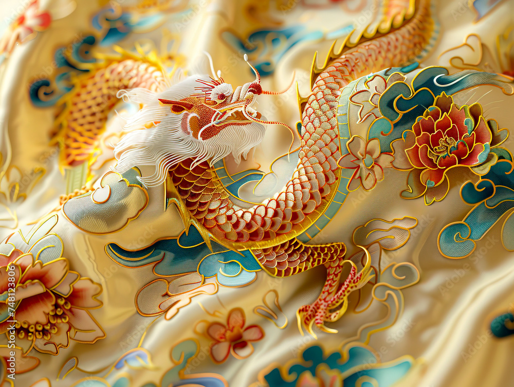 Opulent Dragon Embroidery on Luxurious Fabric, Traditional Artistry created with Generative AI technology