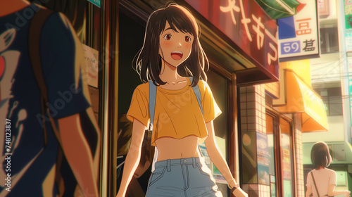 Ilustração 3D de uma linda garota asiática andando na rua.