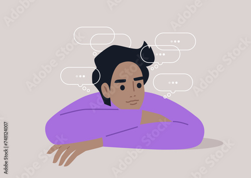 Pensive Moment, A character Lost in Thoughts Amidst Silence, a person deep in contemplation, surrounded by thought bubbles in a hushed ambiance