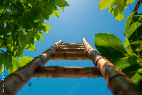 Bottom view of an old bamboo ladder in a garden getting ready for trimming work with green leaves and a beautiful blue sky in the background