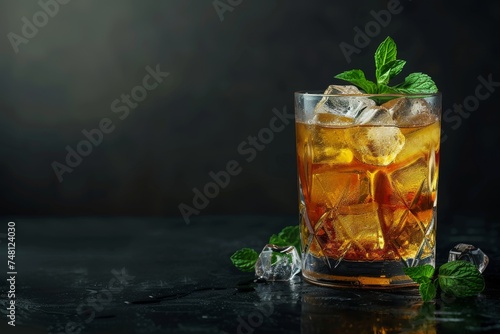 Bourbon ice and mint in a glass on a black background creating a Mint Julep cocktail