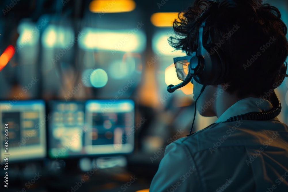 Call center operators with camera focused on foreground while using computer Call center operators with camera focused on foreground while using computer