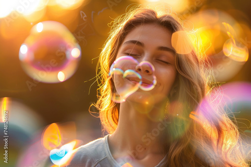 Happy young woman and soap bubble in heart shaped