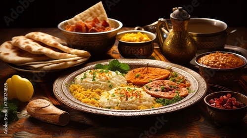 Traditional Suhur breakfast, Sweets, Food and Dishes on the table. Muslim fasting Ramadan, Arabic Cuisine.