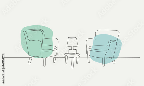 One continuous line drawing of two armchairs. Interior concept Vector illustration