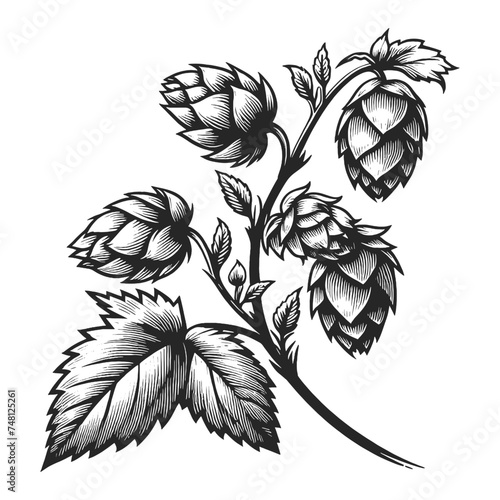 Detailed black and white vintage illustration of hops with leaves and tendrils. Sketch engraving generative ai vector illustration. Scratch board imitation. Black and white image.