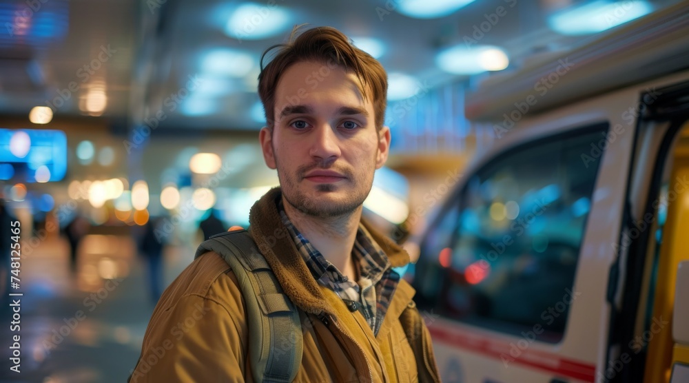 Confident male cab driver posing by airport taxi van Confident male cab driver posing by airport taxi van