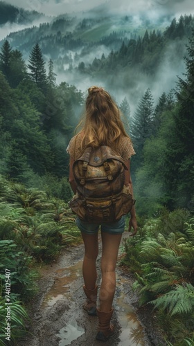 Female Hiker Into The Wild, Forest Landscape, Independence, AI Generated