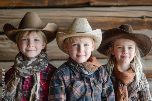 Cowboy boy with two cowgirl companions by wooden backdrop