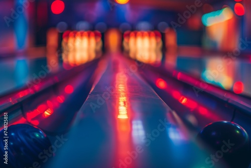 Dark bowling alley with a closeup of a lit row of tenpins on a lane photo