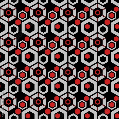 Geometric vintage hexacons, seamless design pattern. Looping texture with simple flat cube shapes. For textiles or decorating and art projects. Retro red, white and black colors.  photo