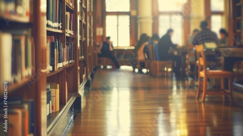 Blurred image of a diverse unfocused crowd sitting and studying in a library setting, filled with books and sunlight.