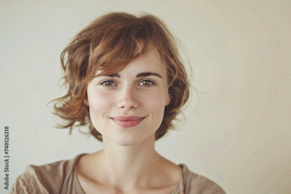 Pretty woman smiling gently various poses against a soft color background with ample copyspace Pretty woman smiling gently various poses against a soft color background with ample copyspace