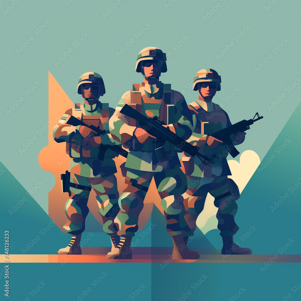 Fototapeta premium Illustration of a group of soldiers in action. Flat pastel colors.