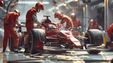 Dynamic pit stop scene with racing team and formula car in action. fast-paced motorsport maintenance. professional crew at work. AI